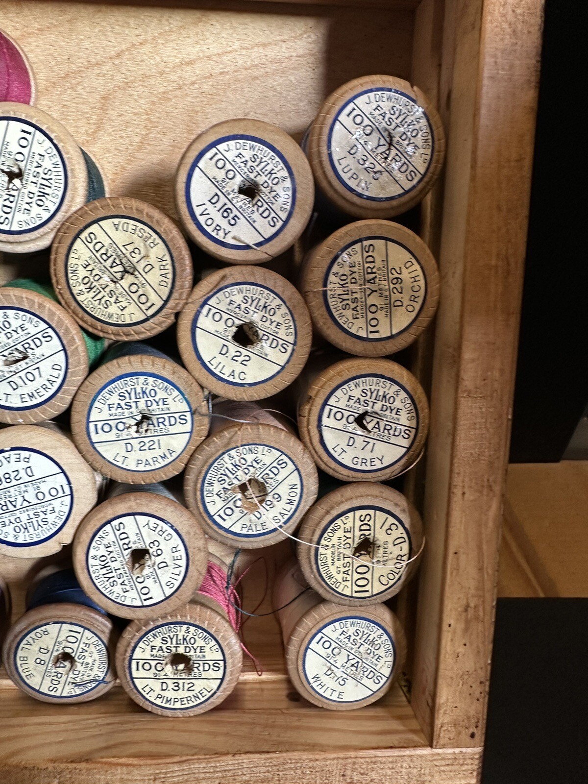 26 Wooden Vintage Cotton Reels Sylko With Storage Box Sew Sewing