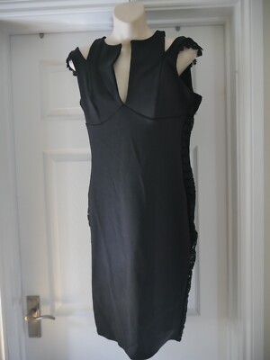 Unusual Black Dress Designer Josie Gibson Goddiva Size 14 Crochet Sheer Side