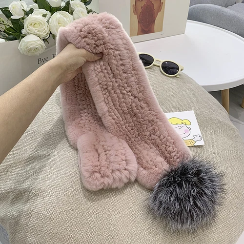 Real Rex Rabbit Fur Scarf Winter Warm Neckerchief Fox Fur Pom pom Fluffy Soft - Picture 5 of 24