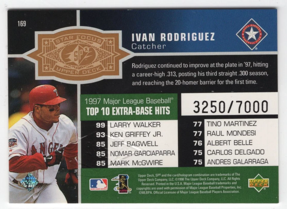 1998 SPx Finite Ivan Rodriguez 3250/7000 Texas Rangers #169 - Image 2 of 2
