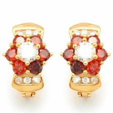 New Yellow Gold Plated Garnet Red White Round CZ Flower Huggie U Hoop Earrings