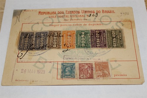 BRAZIL MONEY ORDER / PAYMENT RECEIPT 1923 W/ DEPOSITO REVENUE STAMPS #3 - 第 1/2 張圖片