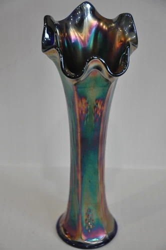 Fenton Iridescent Cobalt Amethyst Carnival Glass Swung Vase 9 1/4"