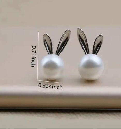 Women's/Grils Silver Easter Bunny Stud Earrings Rabbit & Faux Pearl Ear Jewelry - Picture 8 of 9