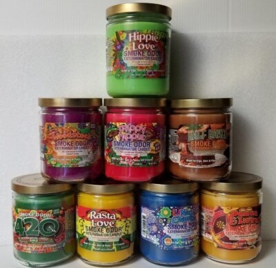 Smoke Odor Exterminator 13 oz Jar Hippie Love Assorted Set of (8) Candles.