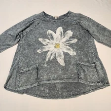 Jess & Jane Top Womens XL Blue Mineral Washed Floral Tunic Artsy Boho