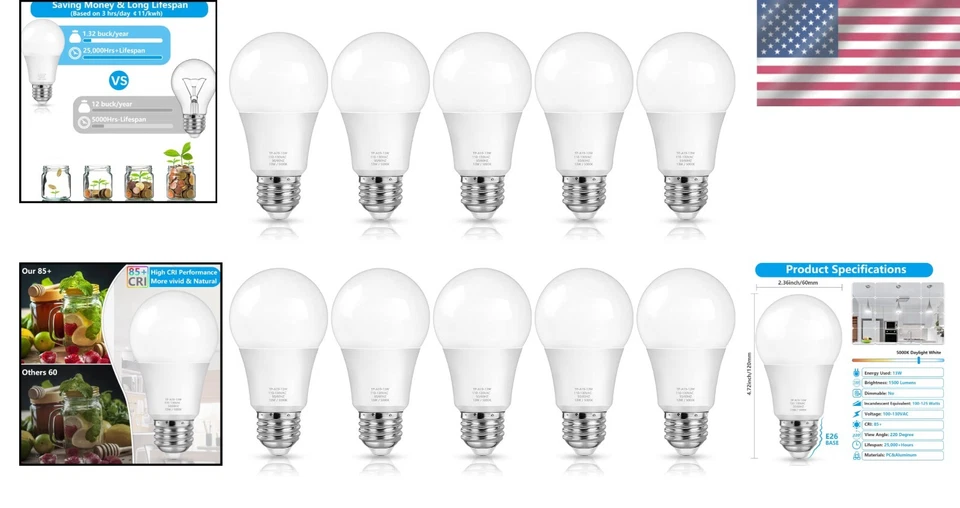 10-Pack A19 LED Light Bulbs, 100W Equivalent, Daylight White - Image 2 of 4