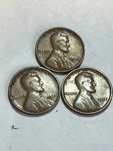 1930 P 1931 P 1934 P Circulated Lincoln Wheat Cent Penny Set- Actual Coins