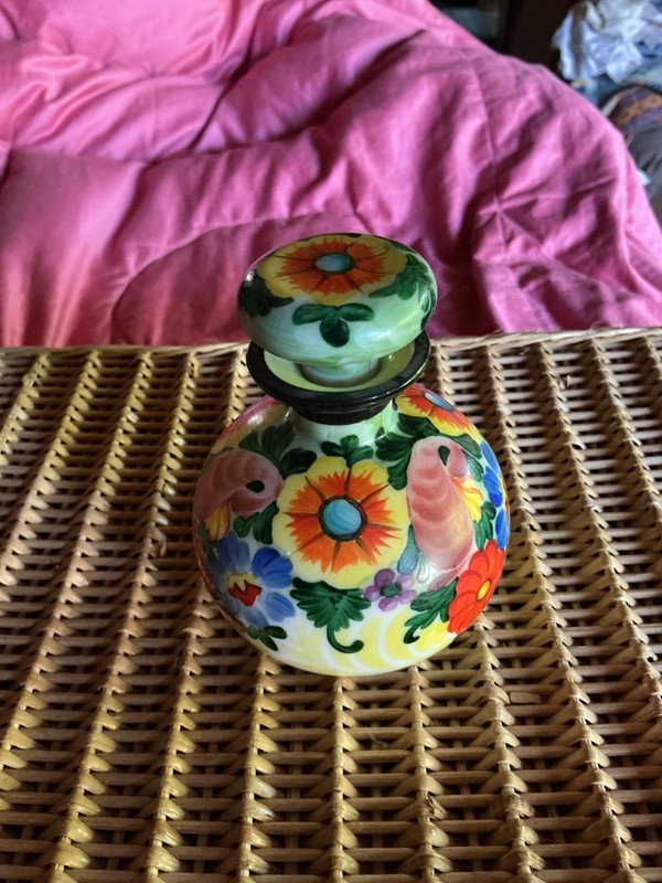 VMilk Glass Perfume Bottle w/Stopper  - Hand Painted BRIGHT Flowers 4 1/2” TALL