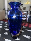 12" Cobalt Blue Glass Vase w/ Amber Swirl  Signed by Richard Blenko 2000