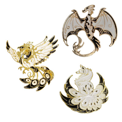 Gold & White Fantasy Creature Enamel Pins   Dragon, Phoenix, and Fox-Inspired