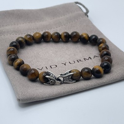 David Yurman Sterlingsilber 8 mm Tigerauge spirituelles Perlen-Krallenarmband 8,5 Fuß