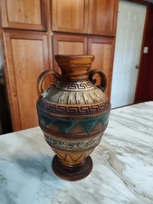 Vintage Norleans Japan  Egyptian Decor Vase Rust,Orange and Teal 