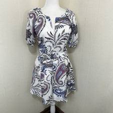 LOFT Women's Paisley Linen Mini Dress Size 2 Petite Belted Puff Sleeve Dress.