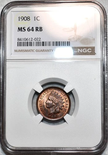 NGC MS-64 RB 1908 Indian Head Cent, Attractively Toned, Red-Brown specimen.