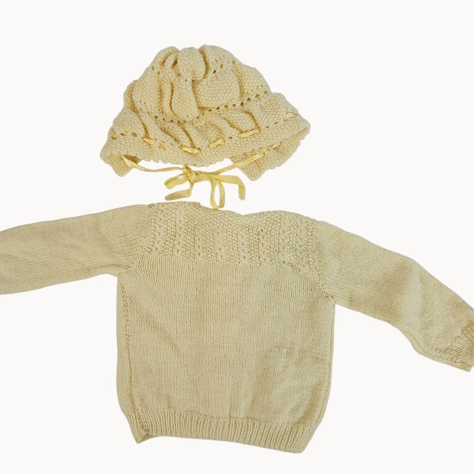VTG Babies 12M-1Y Cardigan + Bonnet Hat/Silk Tie Set Yellow Knit Formal Event - Image 4 of 4