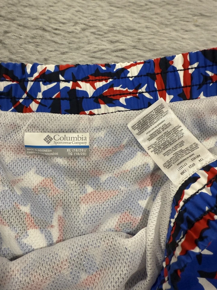 Columbia PFG Pantalones Cortos Niños XL 18/20 Azul Rojo Estampado Tiburón Omni-Sombra UPF 50 Natación Foto 2 de 4