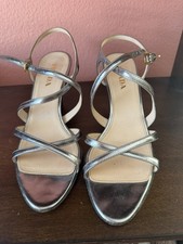 Prada Sandals Leather Silver Metallic Kitten Heels Strappy Vernice EU36 US 6 Y2K