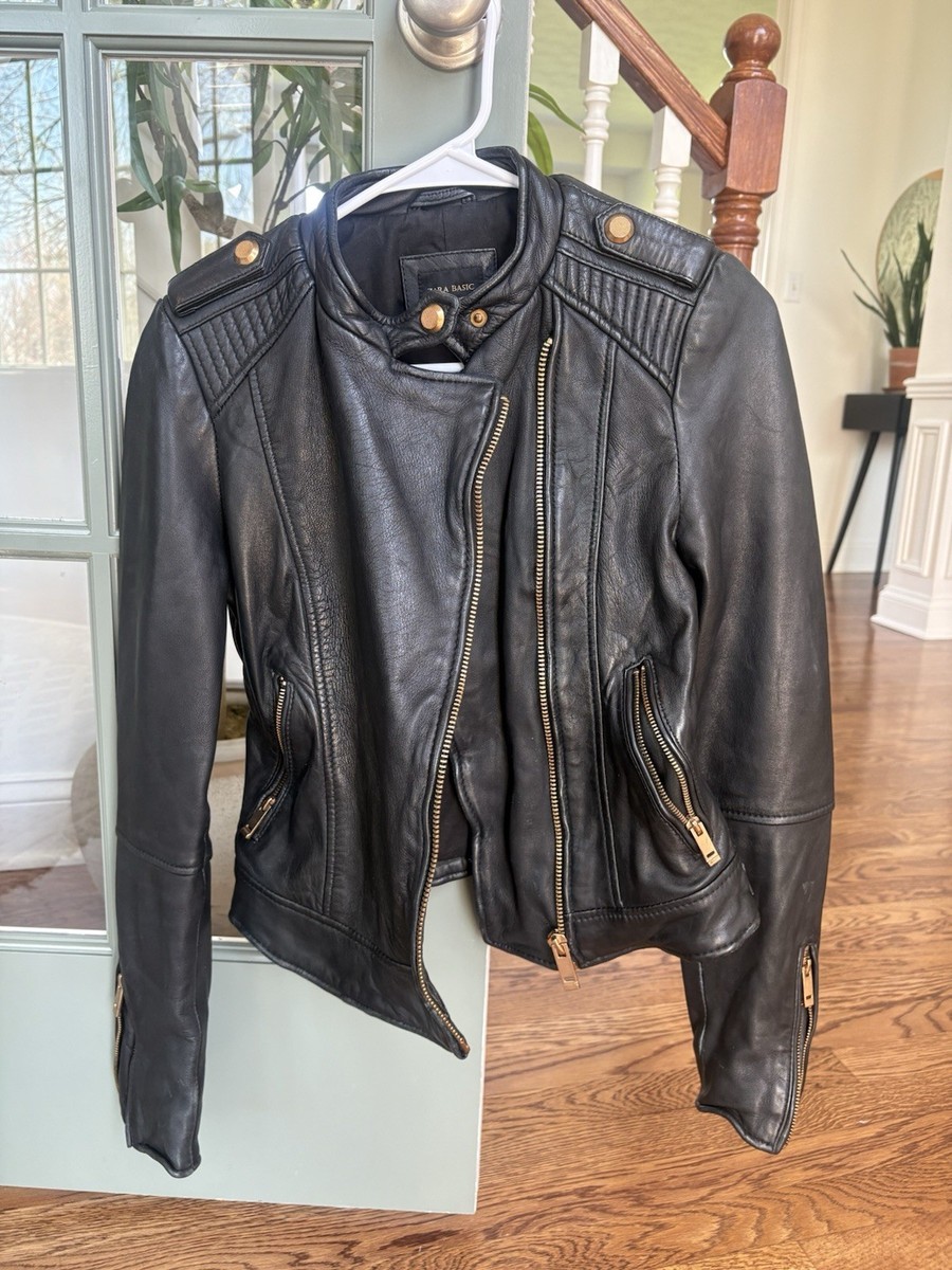 【ZARA】vintage leather biker jacket ZARA Genuine Black Leather Biker Jacket Gold Hardware S | eBay