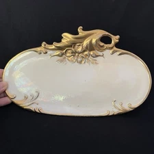 Oval Trinket Dish - Hand Painted Floral With Gold Trim Iridescent coating 10”+