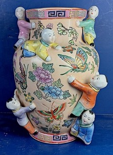 VINTAGE CHINESE FAMILLE ROSE PORCELAIN HEXAGONAL FERTILITY VASE