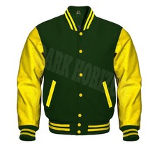 Varsity Letterman F-Green&Yellow Cowhide Leather Bomber College Baseball  Jacket
