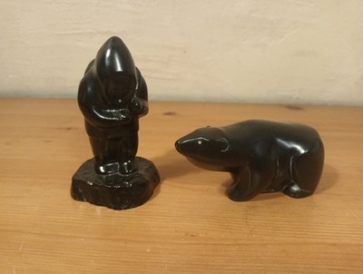 2 Vintage BOMA Hand Carved INUIT BLACK POLAR BEAR And Eskimo