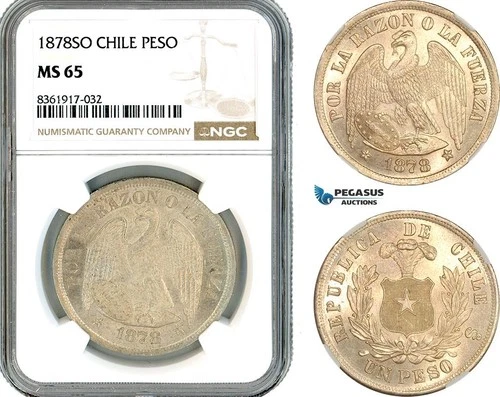 A11-121, Chile, 1 Peso 1878 SO, Santiago Mint, Silver, Km-142.1, NGC MS65
