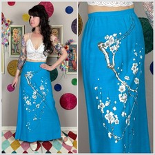 Vintage 1970s Blue High Waist Cherry Blossom Print Maxi Skirt  26" Waist
