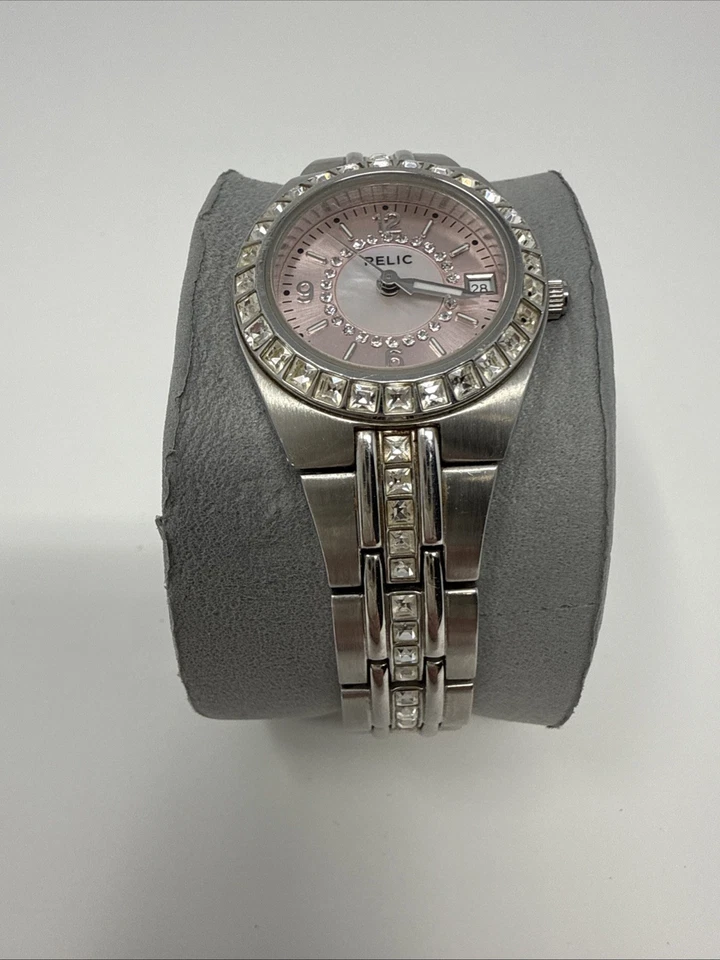 Reloj Relic Mujer Cristal Plateado Esfera Rosa Fecha Cuarzo - Batería Nueva, Funciona Foto 4 de 4