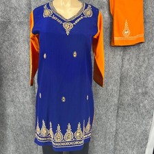 Embroidery Orange Blue Long Sleeve Designer Soft Salwar Suit Set Size 34