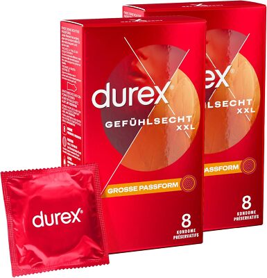 Durex Gefühlsecht XXL dünne befeuchtete Kondome mit großer Passform 2 x 8 Stück