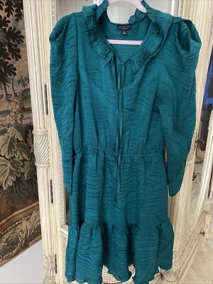 Current Air Women's Textured  Ruffle Sleeves Flare Short Dress Tie Neck  SZ L
