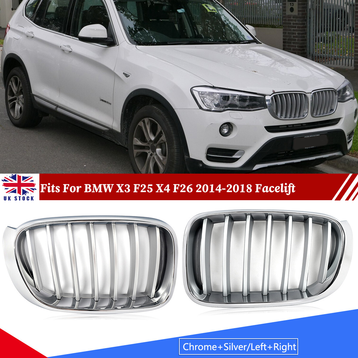 CHROME FRONT KIDNEY GRILL GRILLES REPLACEMENT FOR BMW X3 F25 LCI 2014-2017