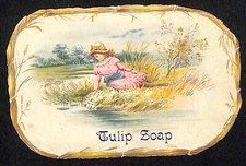 Tulip Soap Victorian Trade Card Girl in Dress Lays at Water's Edge