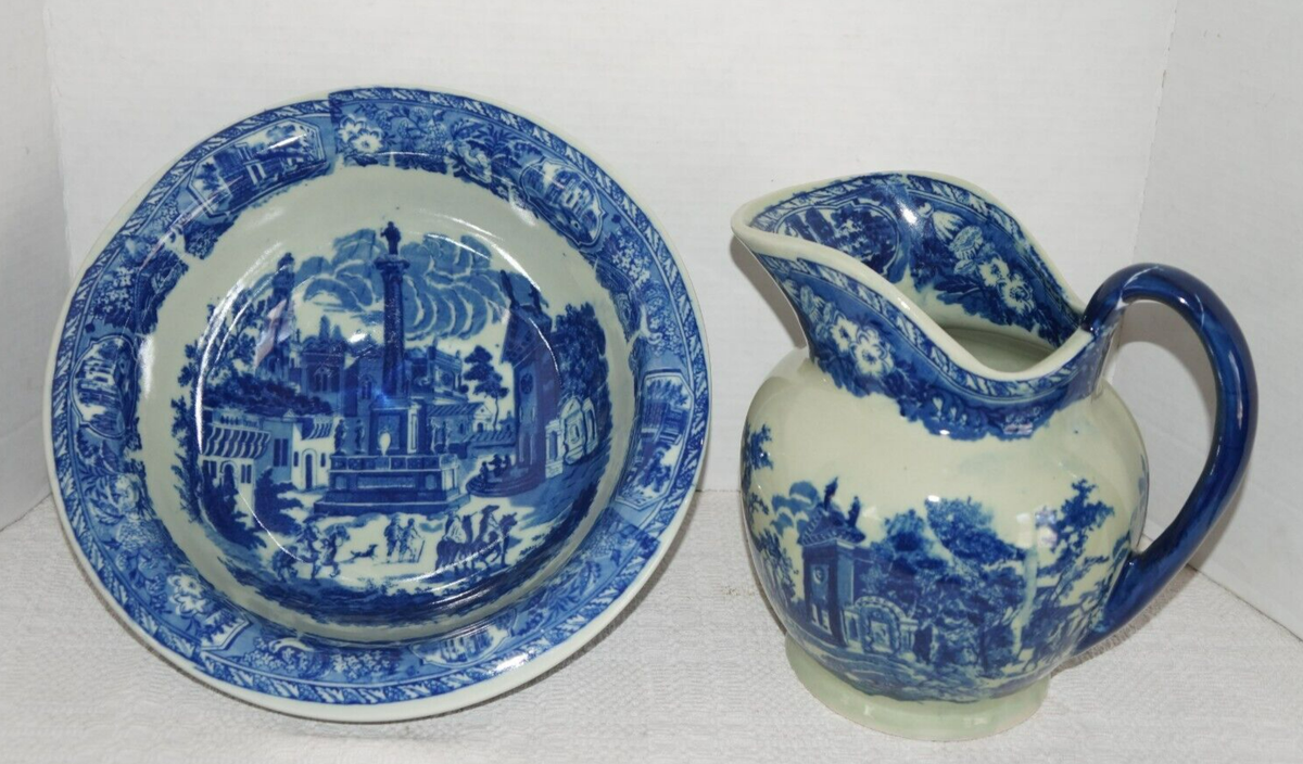 VICTORIA WARE Blue & White Ironstone Water Pitcher and Basin Bowl