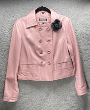 Xoxo Women's Size L Soft Pink Leather Jacket Black Flower Applique Some Flaws