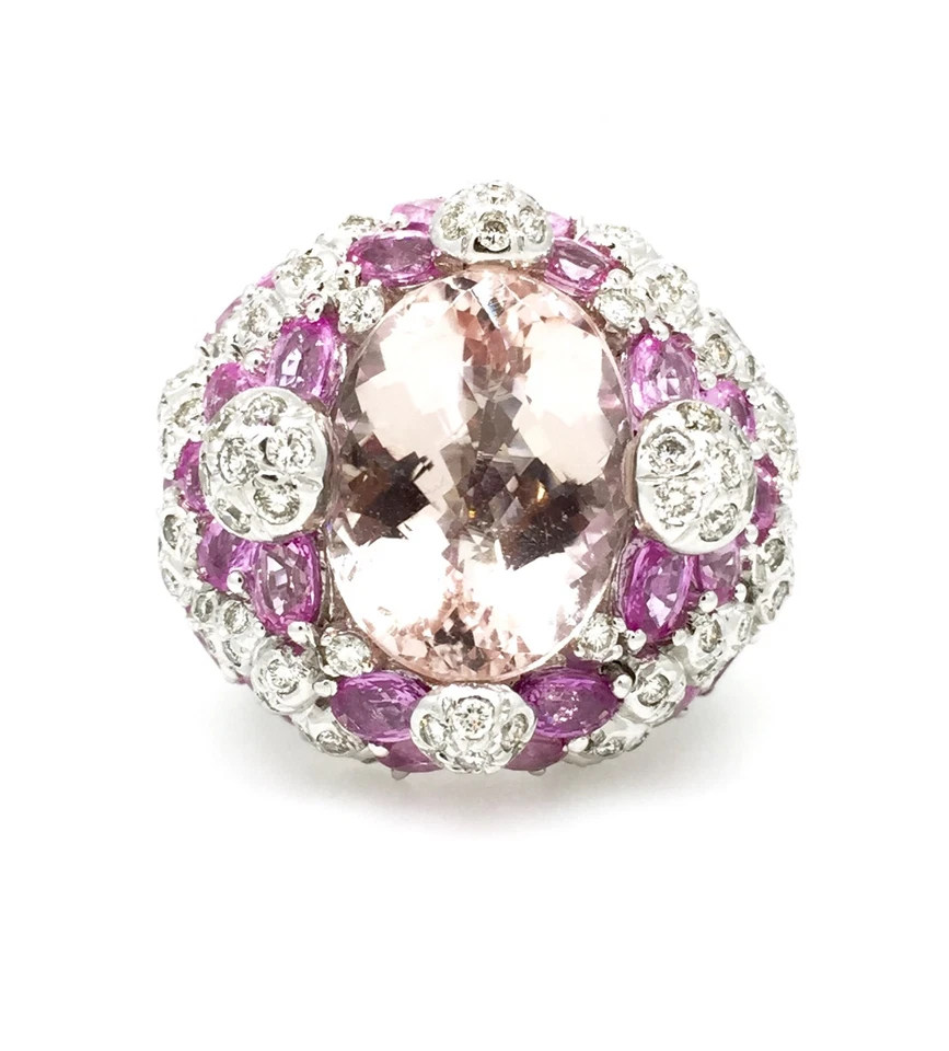 Kunzite, Pink Sapphire & Diamond Cocktail Ring in 18k White Gold  - HM1568SRE