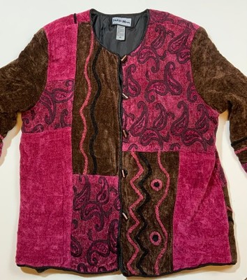 Indigo Moon Jacket Women XL Patchwork Paisley Artsy Soft Chenille Toggle Buttons