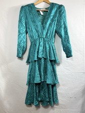 Vintage Satini Teal Tiered 100 Silk Long Sleeve Dress