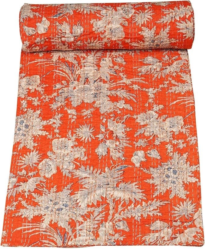 indian handmade Cotton kantha Quilt hand Block print king Size Bedspread Blanket