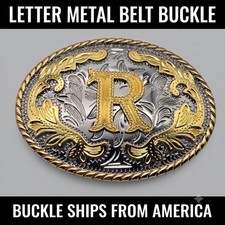 LETTER R INITIAL GOLD  SILVER IN COLOR ONLY RODEO COWBOY METAL BELT BUCKLE