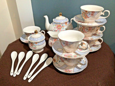 Tea Set for Six Teapot, Creamer, Sugar Cups, Saucers Spoons Porcelain Fanquare