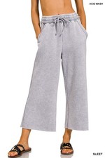Sleet Zenana Palazzo Acid Wash Crop Sweatpants w/ Pockets Drawstring Waist