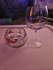 Rainbow Glass Hand Painted Swirl Goblet  And Hand Painted Candle Holder /vase