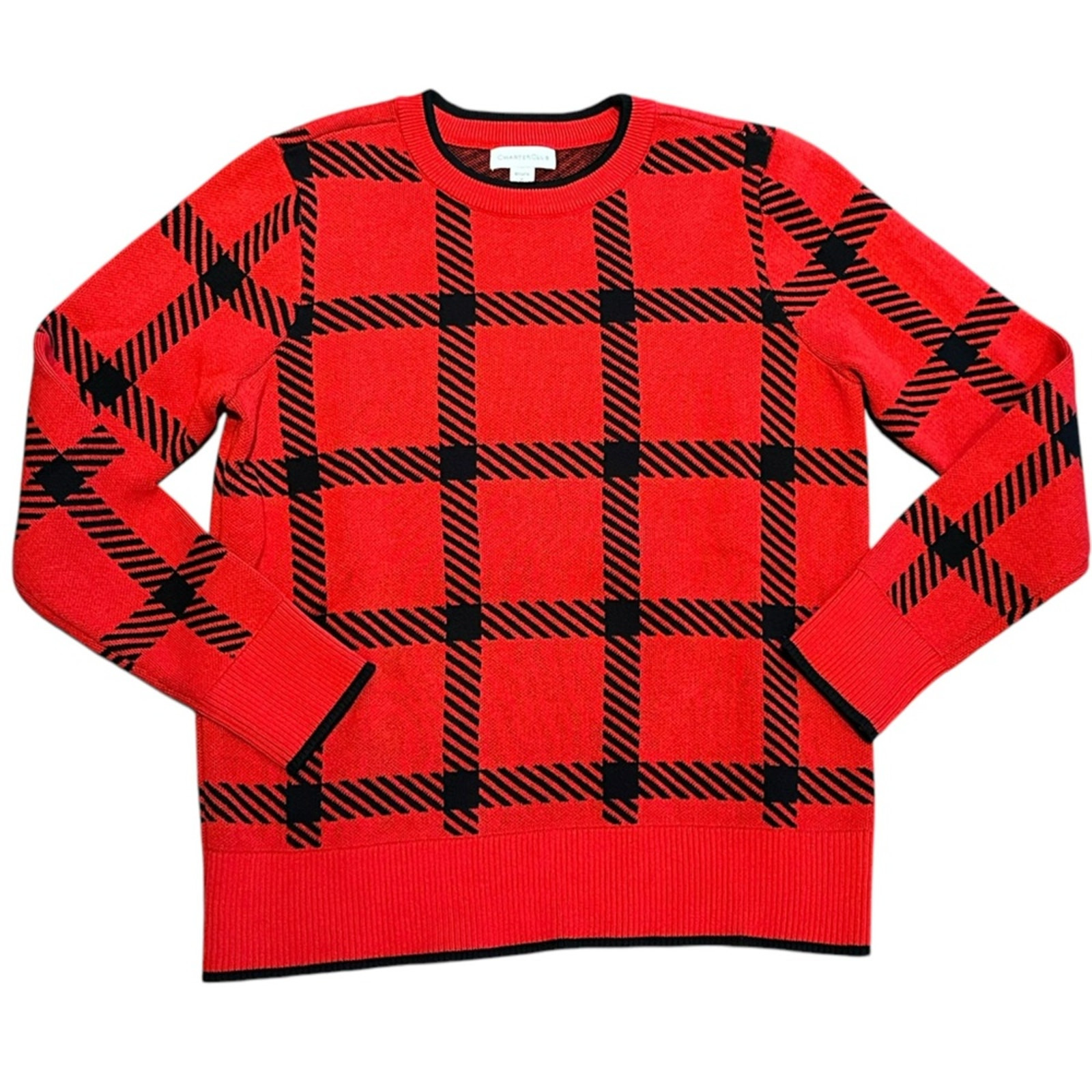 Charter Club Women’s Medium Red and Black Plaid Crewneck Sweater