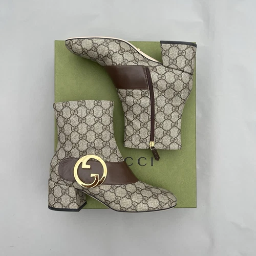Bottines GUCCI 38 beige GG Supreme toile BLONDIE marron cuir or logo GG