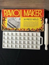 VTG Ravioli Maker 36 Piece Styrene Mold And Rolling Pin Original Box Hong Kong
