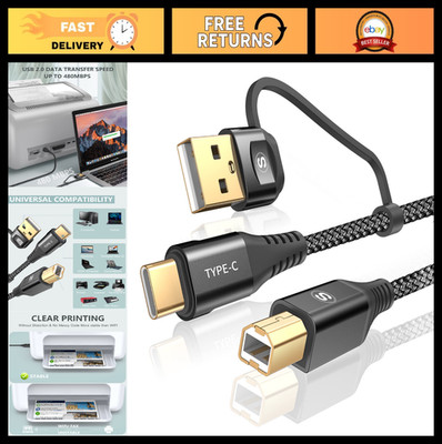 10FT USB-A/C to USB-B Printer Cable, High-Speed Braided Cord for HP, Canon, Dell