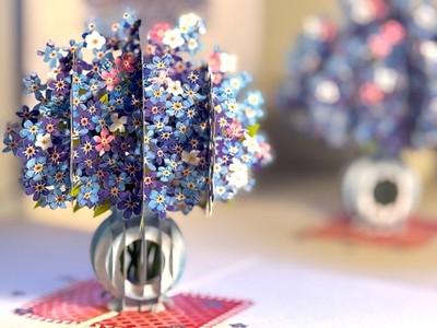 Origami Pop Cards Forget Me Not or Indigo Blue Flowers in Vase Happy Birthday 3D